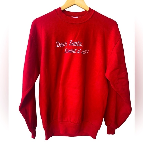 Christmas Red Dear Santa I Want it All Embroidered Sweatshirt Vintage Medium - Picture 1 of 5